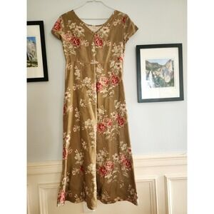 Vintage Laura Ashley Floral Maxi Dress Tan Pink 100% Linen Size 6